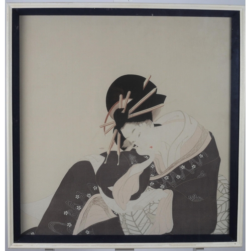 590 - A JAPANESE SILK FRAMED PANEL depicting a female 
70cm (h) x 67cm (w)