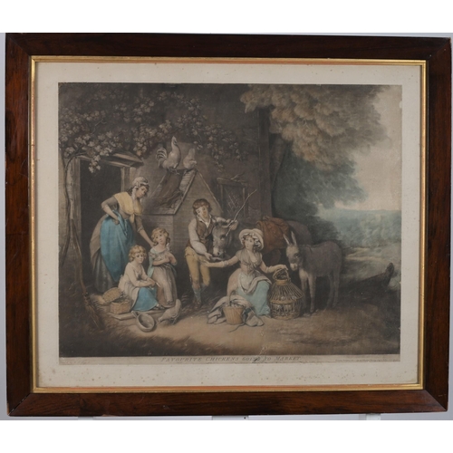 595 - A 19TH CENTURY COLOURED ENGRAVING
Inscribed 'Favourite Chickens Going to Market'7
In rosewood frame
... 