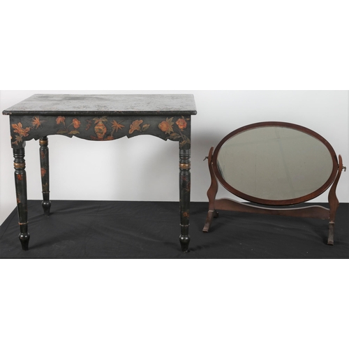 602 - A BLACK LACQUERED AND PAINTED OCCASIONAL TABLE of rectangular outline on turned legs
52cm (h) x 65cm... 