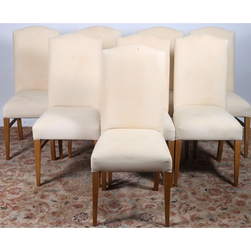 642 - A SET OF TEN BEECHWOOD AND UPHOLSTERED DINING CHAIRS each with a rectangular arched upholstered back... 