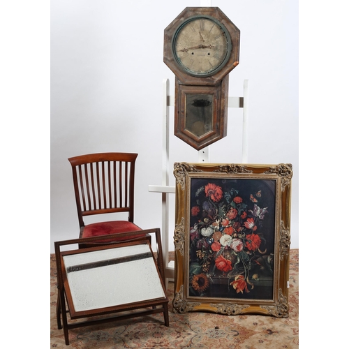 659 - A MISCELLANEOUS COLLECTION to include a vintage crutch frame mirror, a vintage wall clock inscribed ... 