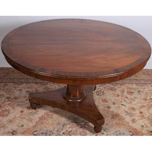 66 - A 19TH CENTURY MAHOGANY AND ROSEWOOD CROSSBANDED POD TABLE the circular moulded top with broad cross... 