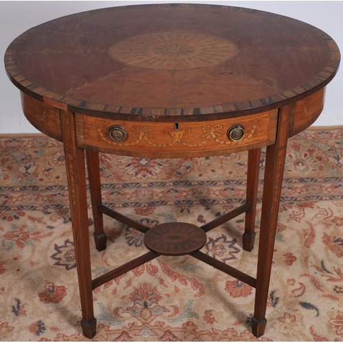 70 - A 19TH CENTURY SATINWOOD INLAID OCCASIONAL TABLE of oval outline the shaped top with husk and fan de... 