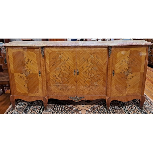 740 - A CONTINENTAL KINGWOOD MARQUETRY inlay sideboard the shaped marble veined top above three cupboards ... 