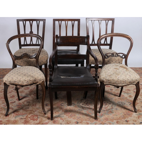 741 - SIX 19TH CENTURY MAHOGANY DINING ROOM CHAIRS, to include three fork back examples each with an uphol... 