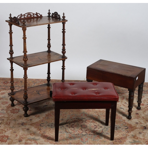 742 - A 19TH CENTURY MAHOGANY INLAID THREE TIER WHATNOT with a rectangular moulded shelf joined by a balus... 