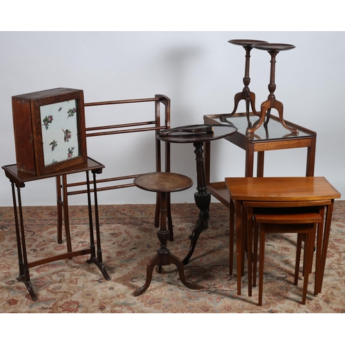 766 - A MISCELLANEOUS COLLECTION to include four mahogany wine tables each on a tripod support together wi... 