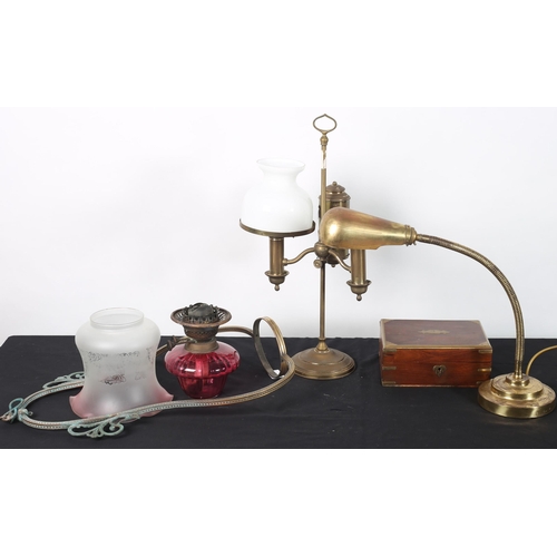 99 - A MISCELLANEOUS COLLECTION to include a 19th century gilt brass and ruby hanging oil lamp with shade... 