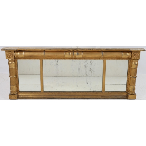 160 - A 19TH CENTURY GILTWOOD AND GESSO COMPARTMENTED OVERMANTLE MIRROR the half pilaster frame with pater... 