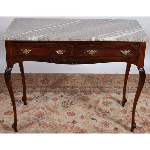 744 - A VINTAGE CARVED MAHOGANY AND MARBLE TABLE of rectangular outline surmounted by a veined marble top ... 