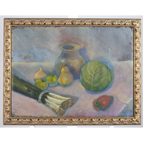 778 - ADAM KOS 
Still Life, Cabbage, Apples, Pears, Leeks and Red Peppers on a Table
Oil on canvas
Signed ... 