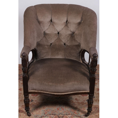 27 - A 19TH CENTURY MAHOGANY TUB SHAPED LOUNGE CHAIR with deep buttoned upholstered back and seat with tu... 