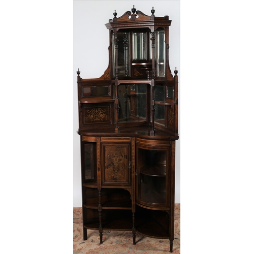 50 - A GOOD EDWARDIAN ROSEWOOD AND MARQUETRY CORNER CABINET the superstructure with open shelves and beve... 