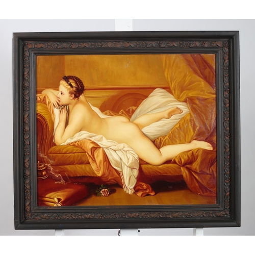 527 - RECLINING FEMALE NUDE 
An oleograph
In foliate and flowerhead moulded frame
82cm (h) x 103cm (w)