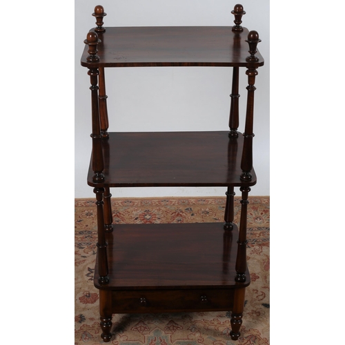 65 - A 19TH CENTURY ROSEWOOD THREE TIER WHATNOT each moulded shelf joined by ring turned supports the bas... 