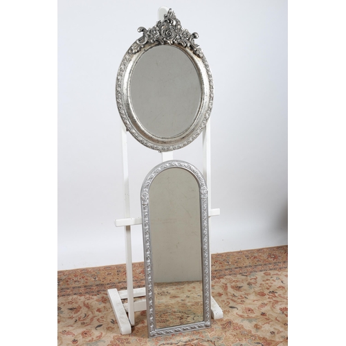 712 - THREE SILVER FRAME MIRRORS to include and overmantle of rectangular arched outline the beadwork fram... 