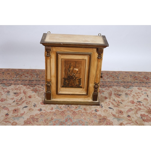 718 - A CONTINENTAL WHITE PAINTED AND PARCEL GILT WALL MOUNTED CABINET of rectangular outline the shaped t... 