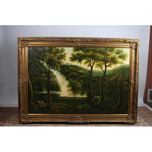 757 - AN EXTENSIVE WOODED LANDSCAPE with waterfall 
Oil on canvas 
In ornate gilt frame
120cm (h) x 180cm ... 