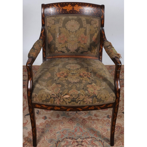 81 - A 19TH CENTURY DUTCH MARQUETRY INLAID ELBOW CHAIR the shaped top rail above an upholstered back and ... 