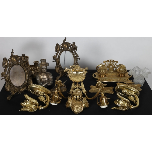 94 - A MISCELLANEOUS COLLECTION to include a brass photo frame, a pair of gilt brass wall lights, a brass... 