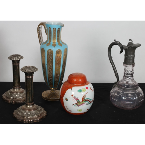 95 - A MISCELLANEOUS COLLECTION to include a pair of Victorian silver plated and copper candlesticks a cu... 