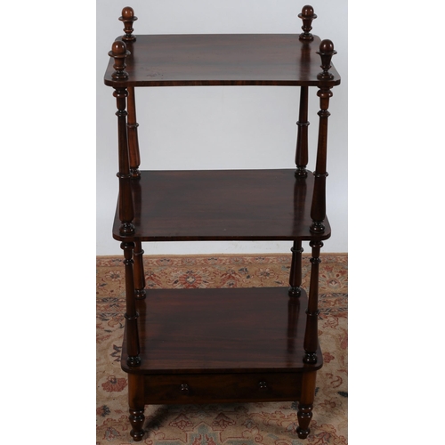 53 - A 19TH CENTURY ROSEWOOD THREE TIER WHATNOT each moulded shelf joined by ring turned supports the bas... 