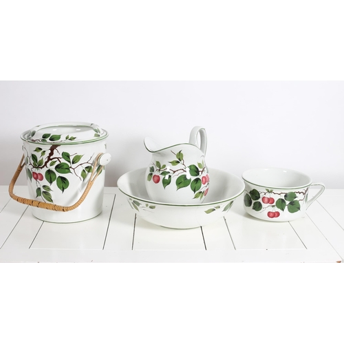 105 - A FIVE PIECE BURSLEM TOILET SET the white ground with foliate painted decoration by J. Hancock (AF)