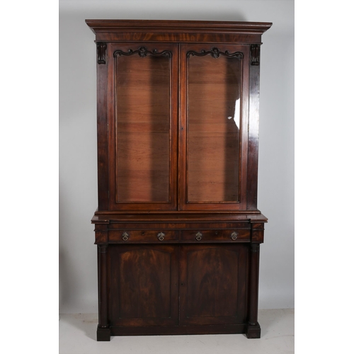 194 - A 19TH CENTURY MAHOGANY LIBRARY BOOKCASE the outswept moulded cornice above a pair of glazed doors c... 