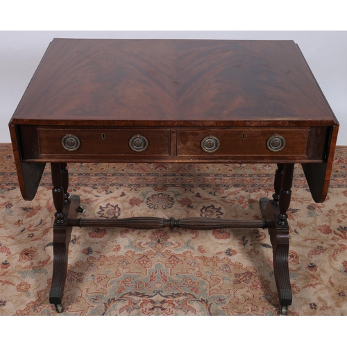 247 - A 19TH CENTURY MAHOGANY AND KINGWOOD CROSSBANDED SOFA TABLE the rectangular hinged top above two fri... 