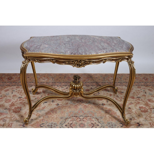 302 - A CONTINENTAL GILTWOOD CENTRE TABLE of serpentine outline the shaped top with veined marble inset ab... 