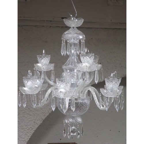 375 - A TARA CRYSTAL CUT GLASS NINE BRANCH CHANDELIER in two registers hung with faceted pendants 76cm dro... 