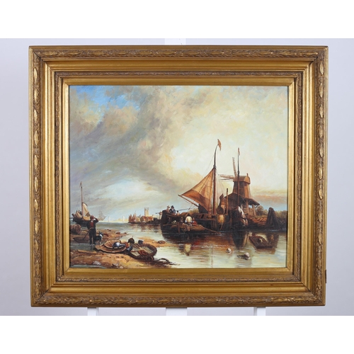 745 - 20TH CENTURY, ENGLISH SCHOOL
Riverscape with Sailing Boats and Figures 
Oil on canvas
49cm (h) x 59c... 