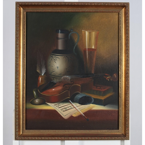 777 - J. DAVITT
Still Life, Violin, Jug and Books on a Table
Oil on board
Signed lower right
49cm (h) x 39... 