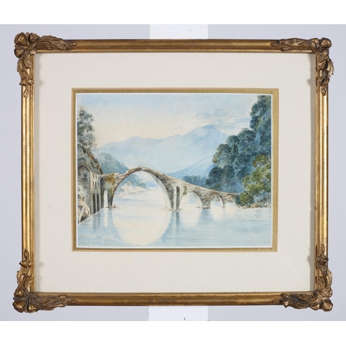 791 - MOUNTAIN AND RIVERSCAPE WITH BRIDGE
Watercolour 15cm (h)  18cm (w)
Bears label verso 
Inscribed 'Ori... 