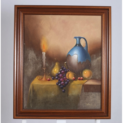 801 - BOYD 
Still Life, Grapes, Jug and Fruit on a Ledge
Oil on canvas
Signed lower right 60cm (h) 49cm (w... 