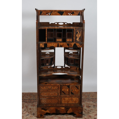 823 - AN ORIENTAL VINTAGE PARQUETRY SIDE CABINET the superstructure with open shelves with sliding compart... 