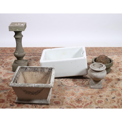 830 - A MISCELLANEOUS COLLECTION to include a Belfast sink, a composition stone pedestal, a composition st... 