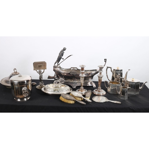 128 - A COLLECTION OF PLATED WARE to include a four piece silver plated tea and coffee service, a pair of ... 