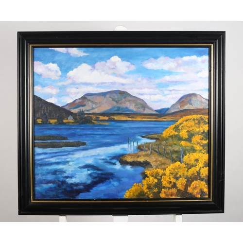 141 - MOUNTAIN AND LAKE SCENE WITH COTTAGES 
Oil on canvas
60cm (h) x 70cm (w)