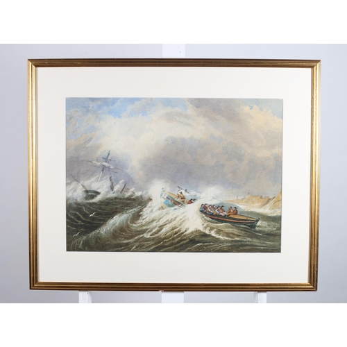 147 - SAILING BOAT AND ROWING BOAT WITH FIGURES IN ROUGH SEAS 
Watercolour
40cm (h) x 55cm (w)