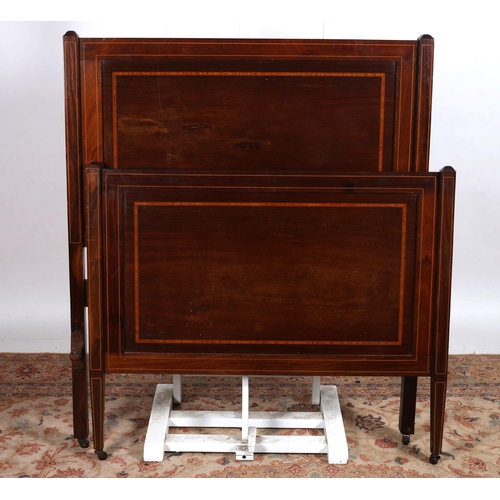 216 - A PAIR OF EDWARDIAN MAHOGANY AND SATINWOOD INLAID BED ENDS the rectangular headboard with inset pane... 