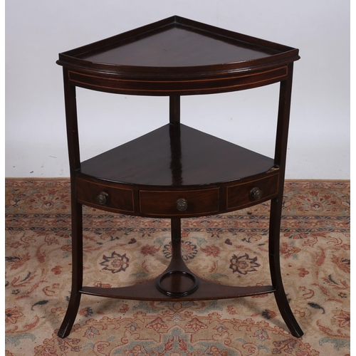 218 - A 19TH CENTURY MAHOGANY CORNER WHATNOT the shaped top with moulded gallery above two open shelves wi... 