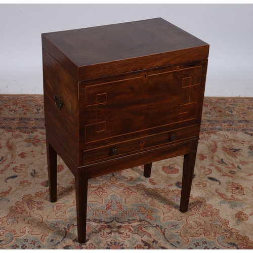 220 - A 19TH CENTURY MAHOGANY AND SATINWOOD INLAID CELLARETTE of rectangular outline the hinged lid above ... 