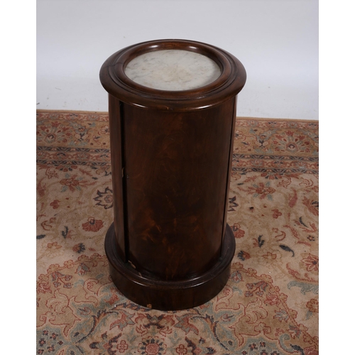 221 - A 19TH CENTURY MAHOGANY POT CUPBOARD of cylindrical outline the shaped dish top with white veined ma... 