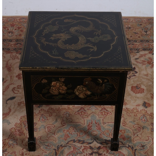 227 - A VINTAGE BLACK LACQUERED COMMODE of square outline the hinged lid with fitted compartment on square... 