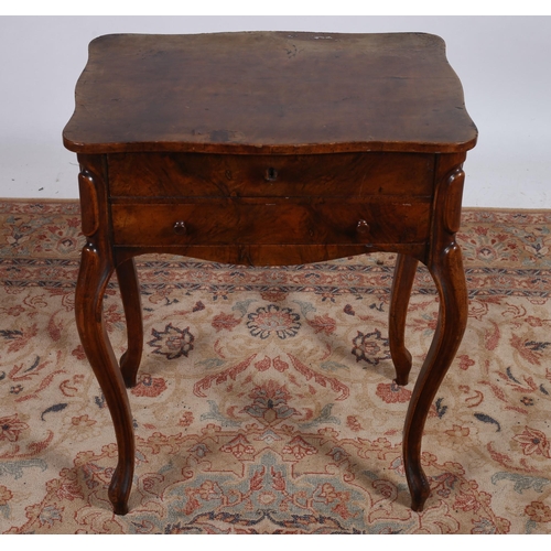 230 - A 19TH CENTURY WALNUT WORK TABLE of serpentine outline the shaped top above two frieze drawers, one ... 