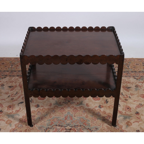 232 - A 19TH CENTURY MAHOGANY TWO TIER TABLE of rectangular outline the shaped top with fluted rim above a... 