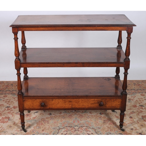 239 - A 19TH CENTURY MAHOGANY THREE TIER DUMBWAITER of rectangular outline each moulded shelf joined by ba... 