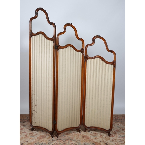 240 - A CONTINENTAL WALNUT GLAZED AND UPHOLSTERED THREE FOLD SCREEN lacking one glazed panel (AF)