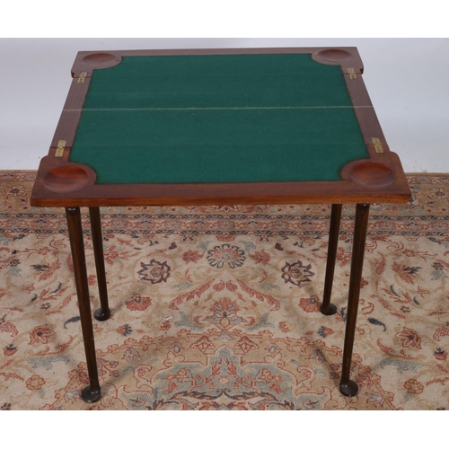 243 - A VINTAGE MAHOGANY AND SATINWOOD INLAID TWO LEAF FOLDING CARD TABLE the hinged top with counter well... 